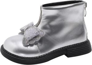 Детские ботильоны для девочек с блестками и бантами на щиколотке, с меховой подкладкой, боковой молнией и пайетками, стиль ковбой, короткие ботинки на осень и зиму, теплые праздничные туфли Generic, Silver