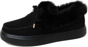 Женские плоские зимние сапоги на снег стильные с ручной строчкой, с круглым носком, мягкой подкладкой, теплые и повседневные лоферы, подходящие для зимней работы и прогулок. GHIBHNA, Black