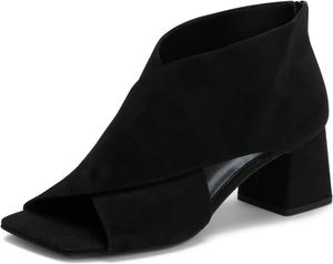 LEHOOR Women Chunky Heel Open Toe Booties Suede Side Cut-Out Ankle Boots Square Peep Toe 2 Inch Block Mid Heels Dress Heeled Sandal Booties Back Zipper Summer Casual Size 4-11 M US, Suede Black