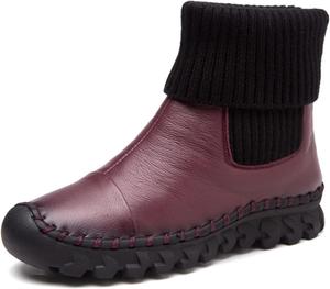 Женские кожаные ботинки Yuizko с эластичными носками для снега, модные ботильоны с лоскутным дизайном, повседневные зимние теплые ботинки на меху, высокие ботинки Челси на плоской подошве, Wine Red