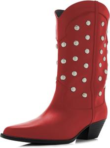 Женские ботинки FOWT в ковбойском стиле с заклепками, низким широким каблуком, заостренным носком, на молнии, повседневные короткие ботинки, размеры 4-16 США, Red