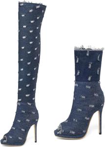 Женские джинсовые ботильоны Bellirala с открытым носком, на высоком каблуке-шпильке, летние ботинки с молнией, джинсовые босоножки на каблуке, Blue Long