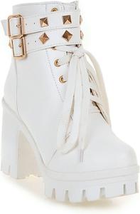 Женские массивные ботильоны на высоком каблуке Crepuscute, с застежкой-шнуровкой и пряжкой, на платформе, байкерского стиля, модные с круглым носком, противоскользящие, White