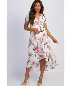 Беременное платье-расклешенное миди цвета слоновой кости с цветочным принтом в технике акварели Pinkblush