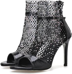 ETORYOOX Женские сетчатые босоножки на шпильке с открытым носком и стразами, повседневные сандалии на щиколотке с ремешком, открытые сзади с молнией, классические гладиаторские ботильоны, летние модные вечерние ботильоны на высоком каблуке