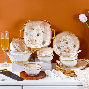 Xiaotao Youxuan Набор керамической посуды на 20 персон, японский стиль, чаши и тарелки, рисунок Camellia