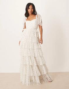 Платье макси из тюля с кружевом и бисером, миниатюрное, с бантом на плече, многоярусное, в белый горошек