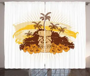 Штора ABAKUHAUS Sunburst Rustic, ретро-тропический тики, присборенная штора для спальни с петлями и крючками, 280 x 225 см, оранжево-красновато-коричневый Abakuhaus