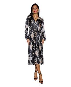 Женское атласное платье миди с длинными рукавами и цветочным принтом Yumi, Black