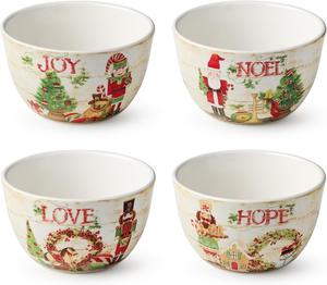 Certified International набор из 4 мисок для мороженого 710 мл с изображениями Санты, эльфа, щелкунчика и праздничными рисунками, праздничная керамика для рождественских десертов и угощений, красный/белый/зеленый/бежевый/черный
