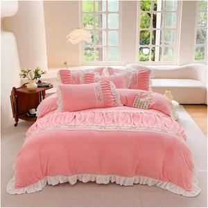 KYTGFH Комплект постельного белья бархатный флис с плиссированными кружевными рюшами принцесса розовый Pink