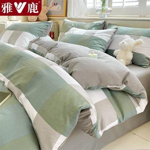 Yalu Комплект постельного белья из 4 предметов (простыня 180 см, пододеяльник 200х230 см), цвет Green Large Grid + Light Gray, хлопок, устойчив к пиллингу