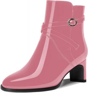 Женские лакированные уличные ботильоны с круглым носком, пряжкой, модные с массивным невысоким каблуком 2 дюйма DEMOSHINE, Baby Pink