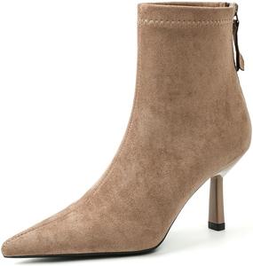 Женские ботильоны на низком каблуке-кистет, заостренный носок, замша, задняя молния, элегантные ботинки, осенняя повседневная обувь, каблуки Generic, Khaki 5 Cm Heel