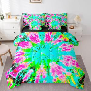 Erosebridal Комплект постельного белья Blue Tie Dye в стиле бохо с зелеными и розовыми спиралями, включает комфортер и пододеяльник, Teal Pink