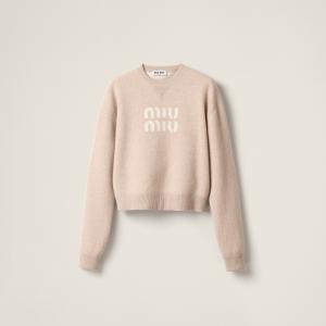 Джемпер из двойного кашемира с логотипом MIU MIU, песочный бежевый