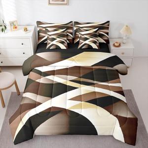 Erosebridal Комплект постельного белья Brown Black Beige с геометрическими полосами и абстрактным рисунком, Brown Black Beige