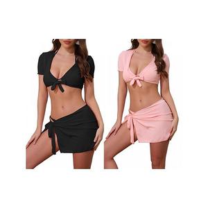 2 комплекта женского бикини с узлом-галстуком и топом-халтером, 4 предмета: комплект с короткими рукавами и треугольными шортами Inspire Chic, Black Pink
