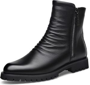 Мужские зимние модные кожаные челси с боковой молнией, деловые формальные ботинки с флисовой подкладкой Generic, черный