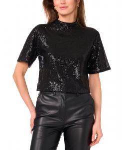 Женская футболка с короткими рукавами и воротником-стойкой, украшенная пайетками Vince Camuto, Rich Black