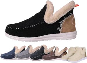 Женские зимние плоские туфли с плюшевой подкладкой, удобные, ортопедические с поддержкой свода стопы, для прогулок на улице, классические нескользящие ботинки до щиколотки, мягкие плюшевые тапочки на микрозамше, теплые и уютные, слипоны Generic, Black