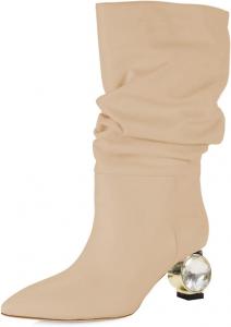 Женские сапоги XYD до середины голени, праздничные, с кристаллами, низкий каблук 2 дюйма, заостренный носок, для деревенской свадьбы, вечеринки, эластичные ботильоны, Nude-Leather