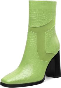 Женские короткие ботинки, каменный узор, квадратный носок, боковая молния, ботильоны на высоком каблуке, массивный каблук, удобные ботинки 9 см Heisnemca, Grass Green Patent
