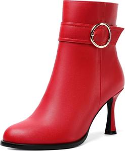 Женские ботильоны WAYDERNS с пряжкой, круглый носок, матовые, однотонные, повседневные, на высоком каблуке 3,3 дюйма, Red