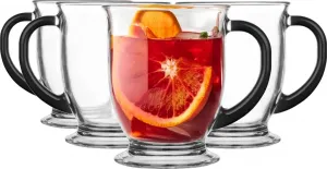 Набор из 4 стеклянных стаканов GLASMARK объемом 400 мл (макс. 440 мл) с черной ручкой. Стаканы для кофе, чая, капучино, латте, макиато, прозрачные. Glasmark KROSNO 1992