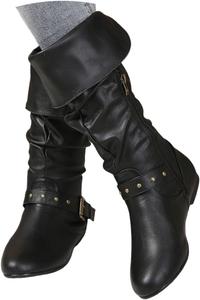 Ковбойские сапоги для женщин с плоской подошвой, из искусственной кожи с пряжкой и боковой молнией, для верховой езды, с низким каблуком, повседневные и нарядные Kldyj, Black