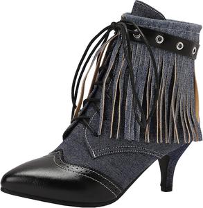 Женские ретро ботильоны с блочным каблуком и заостренным носком, шнуровкой и кисточками XIEPP, Black