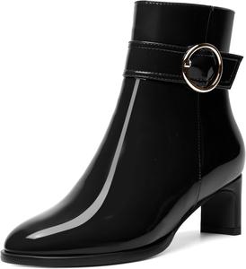 Женские ботильоны MODENCOCO с лакированной пряжкой, повседневные, для свадьбы, с молнией, с ремешком на щиколотке, с круглым носком, массивным низким каблуком 2 дюйма, Black
