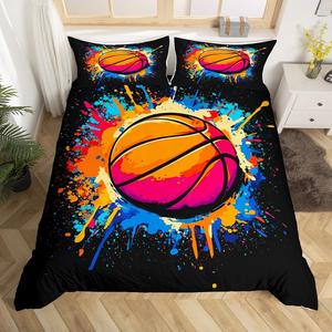 Erosebridal Комплект постельного белья с баскетбольным принтом для детей, легкий материал с эффектом масляной живописи, Black Orange Blue
