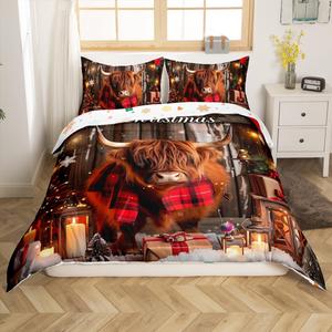 Erosebridal Комплект постельного белья с новогодней тематикой Highland Cow в стиле кантри, Brown Red