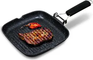 Сковорода-гриль GP1158, индукционная, антипригарная, титановая, для стейков, 24 x 24 см, литой алюминий, без черного покрытия Briebe