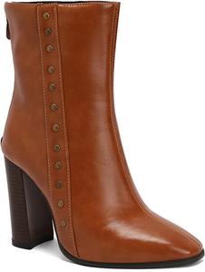 Женские ботинки на шнуровке Alyaafifa с высокими каблуками, закругленным носком и молнией, 4-дюймовый массивный каблук, замшевая кожа, элегантные короткие ботильоны для вечеринок и мероприятий, Brown - Studs