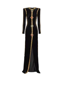 Длинное украшенное бархатное платье Balmain, черный