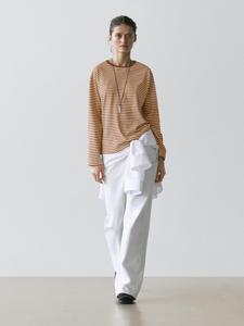 Хлопковая футболка с длинным рукавом в полоску Massimo Dutti, brown