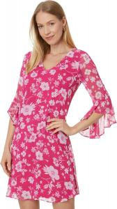 Женское короткое шифоновое платье Calvin Klein с рукавами-колокольчиками, Hibscus/White