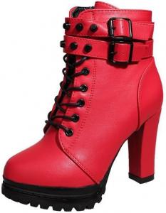 Женские массивные ботильоны на высоком каблуке с платформой, сапоги рыцарского стиля, женские ботинки на шнуровке до щиколотки, сексуальные короткие ботильоны для вечеринок с платформой и ремешком с пряжкой Generic, Red