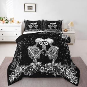Erosebridal Комплект постельного белья Skull Couple Gothic Skeleton с принтом луны, звезд и роз в черно-белых тонах, Black and White