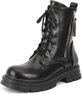 Женские модные ботинки на плоской подошве с шнуровкой, боевые, до щиколотки, с круглым носком, удобные, с низким каблуком, вестерн, короткие JOEUSTY, Black