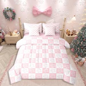 Erosebridal Комплект постельного белья Christmas Gingerbread с розовым геометрическим узором и изображением пряничного человечка, White,pink