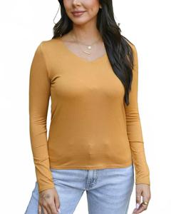 Модальная футболка с V-образным вырезом и длинными рукавами в горчичном цвете Grace and Lace, Mustard