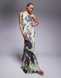 ASOS DESIGN Длинное сетчатое платье макси на одно плечо с открытыми швами и широким подолом с абстрактным принтом тай-дай ASOS Tall