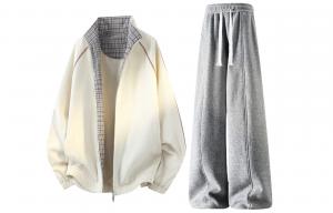 Повседневный спортивный костюм Unisex с лацканами утолщенный X1617, бежевый top серый pants