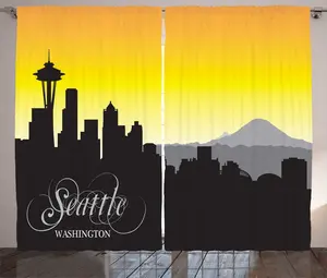 Штора ABAKUHAUS Сиэтл Скайлайн Рустик, каркас Горы, для спальни, присборенная тесьма с петлями и крючками, 280 x 225 см, цвет: темно-серый и земляно-желтый Abakuhaus