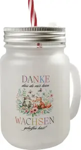 Стакан для питья с ручкой в банке Мейсона "Лесные животные" и крышкой, выражающий благодарность за ваш труд. speecheese