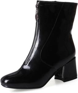 Женская мода Ботильоны с толстым средним каблуком Праздничные ботинки с круглым носком и молнией спереди Зимние осенние короткие ботинки JOEUSTY, Black