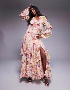 Платье макси ASOS LUXE из органзы и шифона с асимметричным принтом и винтажным цветочным принтом